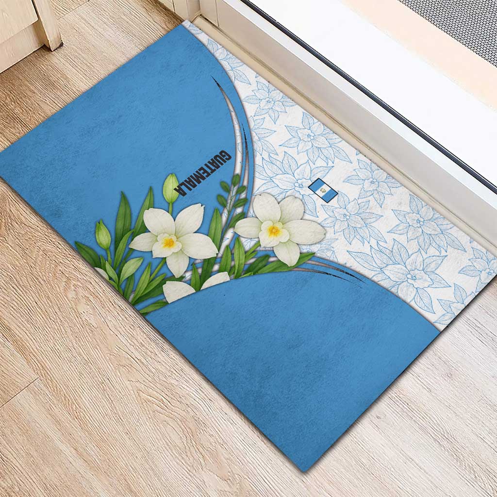 Guatemala White Monja Blanca Flower Rubber Doormat with Blue Flag Theme and Floral Pattern Design - Wonder Print Shop
