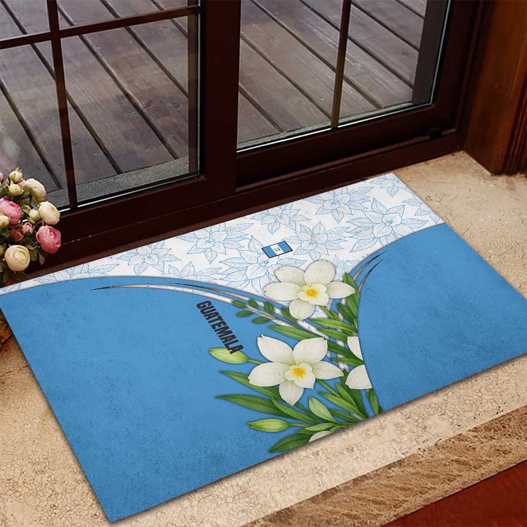 Guatemala White Monja Blanca Flower Rubber Doormat with Blue Flag Theme and Floral Pattern Design - Wonder Print Shop