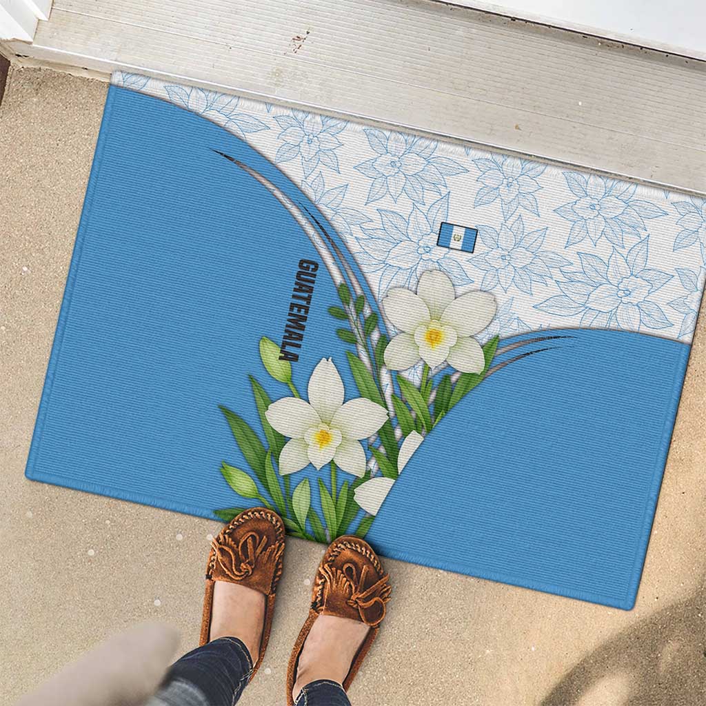 Guatemala White Monja Blanca Flower Rubber Doormat with Blue Flag Theme and Floral Pattern Design - Wonder Print Shop