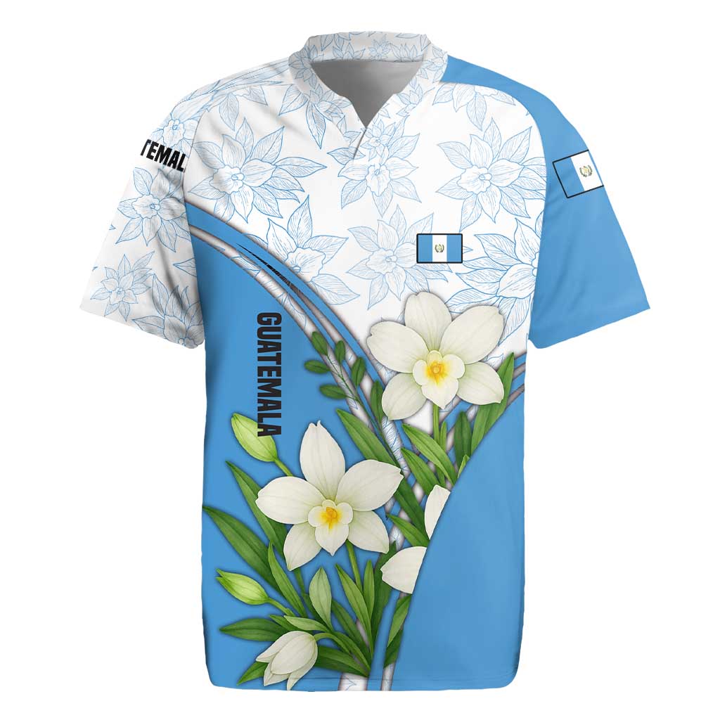 Guatemala White Monja Blanca Flower Rugby Jersey with Blue Flag Theme and Floral Pattern Design - Wonder Print Shop