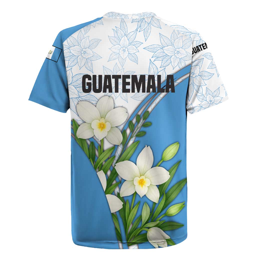 Guatemala White Monja Blanca Flower Rugby Jersey with Blue Flag Theme and Floral Pattern Design - Wonder Print Shop