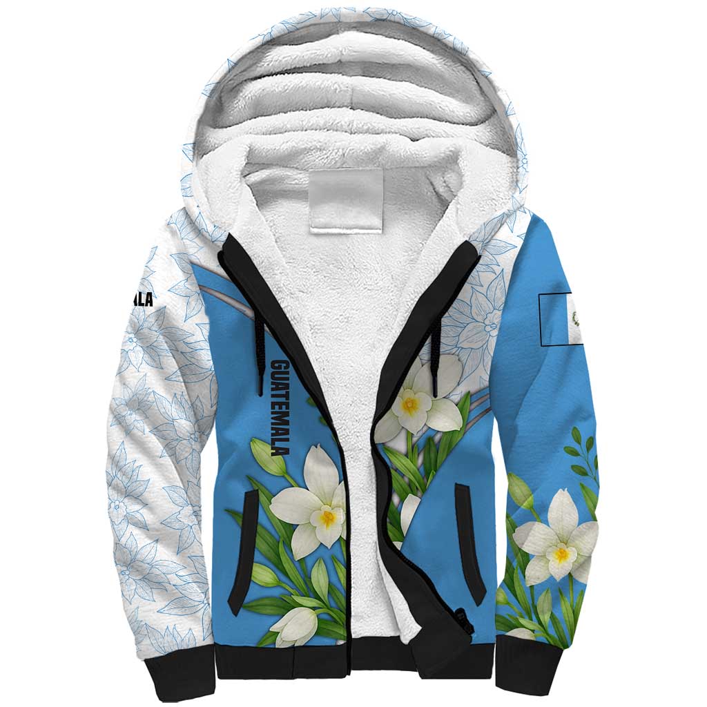 Guatemala White Monja Blanca Flower Sherpa Hoodie with Blue Flag Theme and Floral Pattern Design - Wonder Print Shop