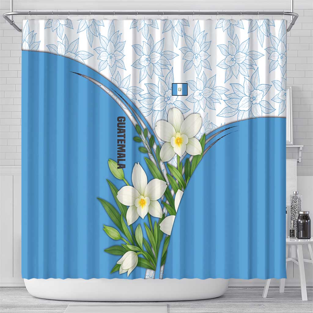 Guatemala White Monja Blanca Flower Shower Curtain with Blue Flag Theme and Floral Pattern Design - Wonder Print Shop
