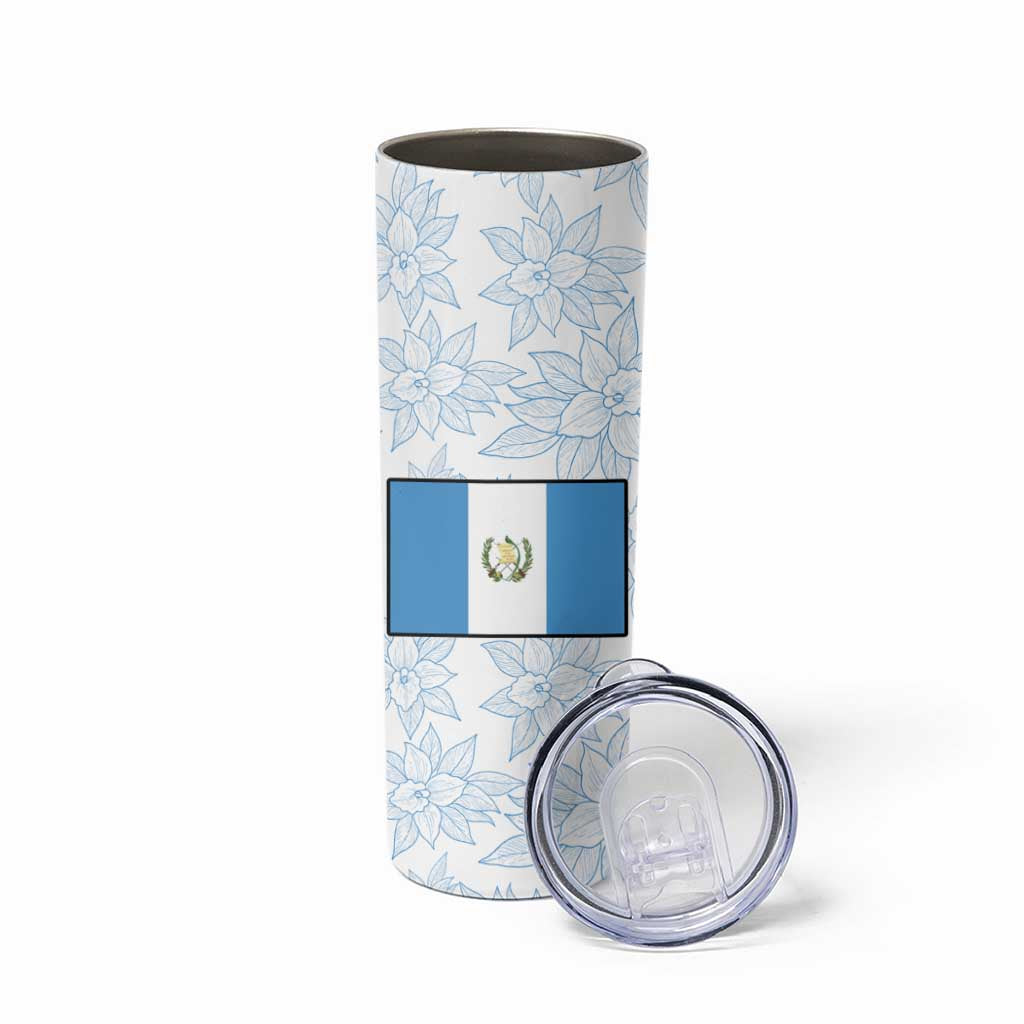 Guatemala White Monja Blanca Flower Skinny Tumbler with Blue Flag Theme and Floral Pattern Design - Wonder Print Shop