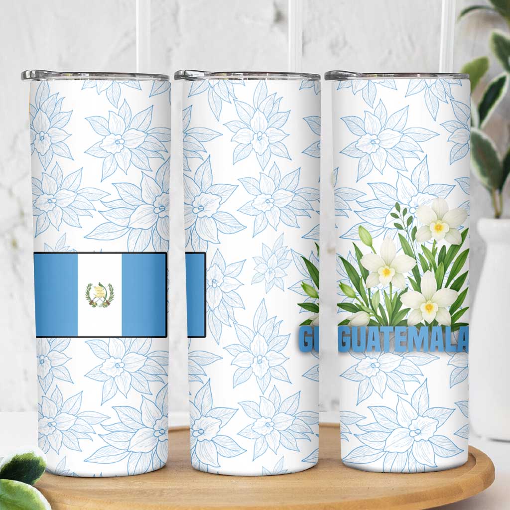 Guatemala White Monja Blanca Flower Skinny Tumbler with Blue Flag Theme and Floral Pattern Design - Wonder Print Shop