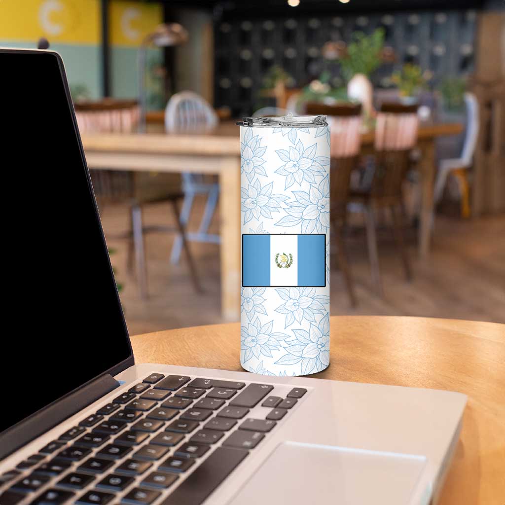 Guatemala White Monja Blanca Flower Skinny Tumbler with Blue Flag Theme and Floral Pattern Design - Wonder Print Shop