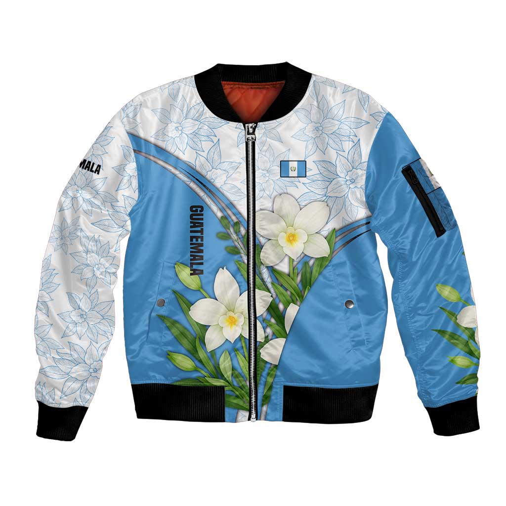 Guatemala White Monja Blanca Flower Sleeve Zip Bomber Jacket with Blue Flag Theme and Floral Pattern Design - Wonder Print Shop