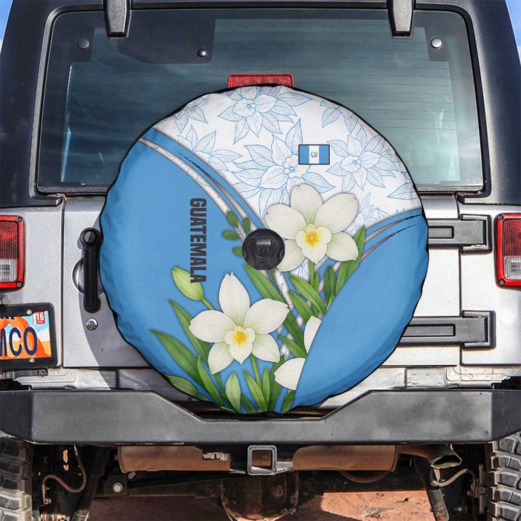 Guatemala White Monja Blanca Flower Spare Tire Cover with Blue Flag Theme and Floral Pattern Design - Wonder Print Shop