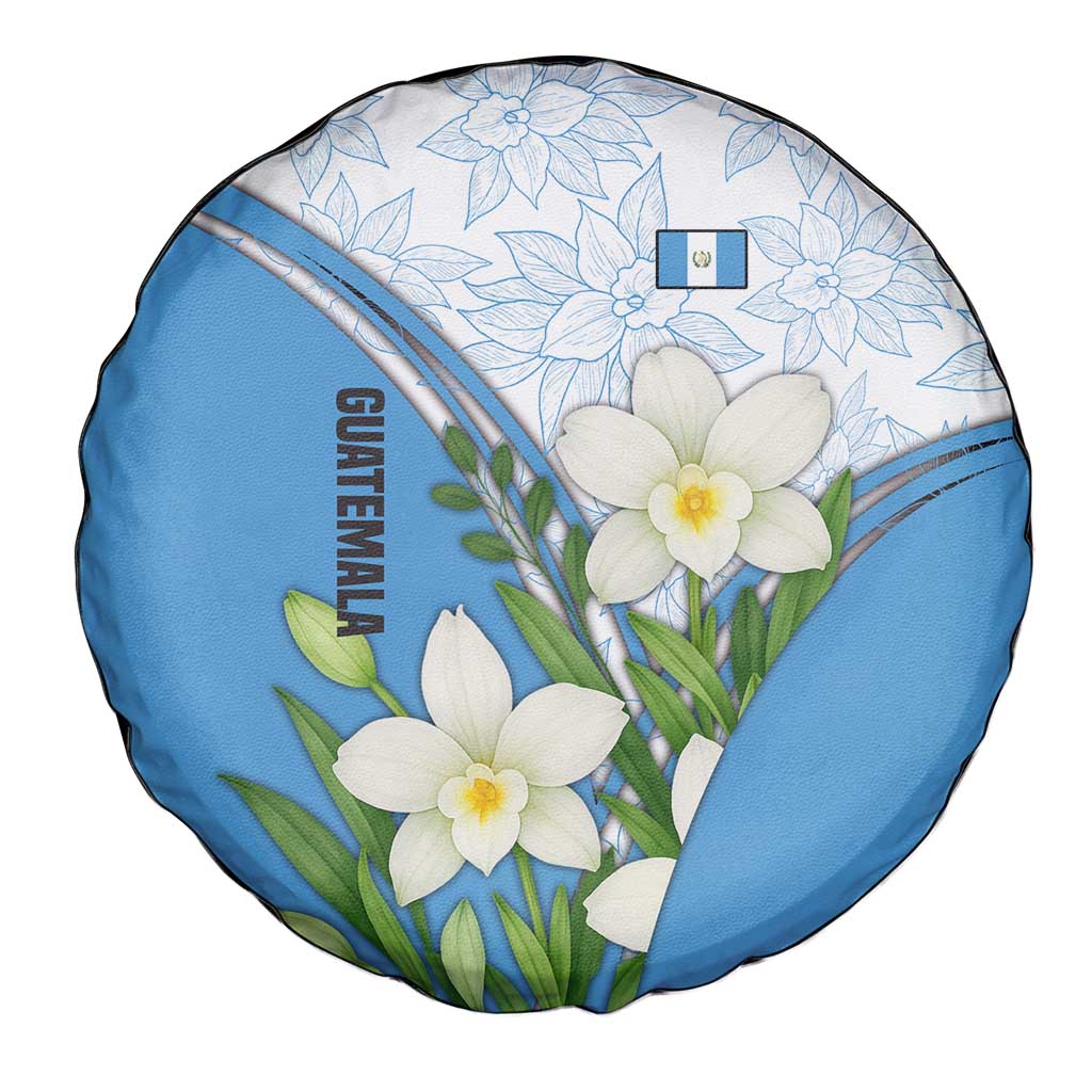 Guatemala White Monja Blanca Flower Spare Tire Cover with Blue Flag Theme and Floral Pattern Design - Wonder Print Shop