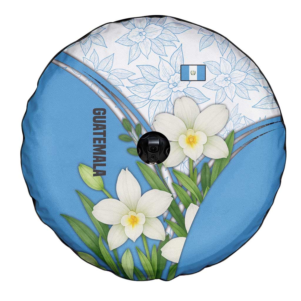 Guatemala White Monja Blanca Flower Spare Tire Cover with Blue Flag Theme and Floral Pattern Design - Wonder Print Shop