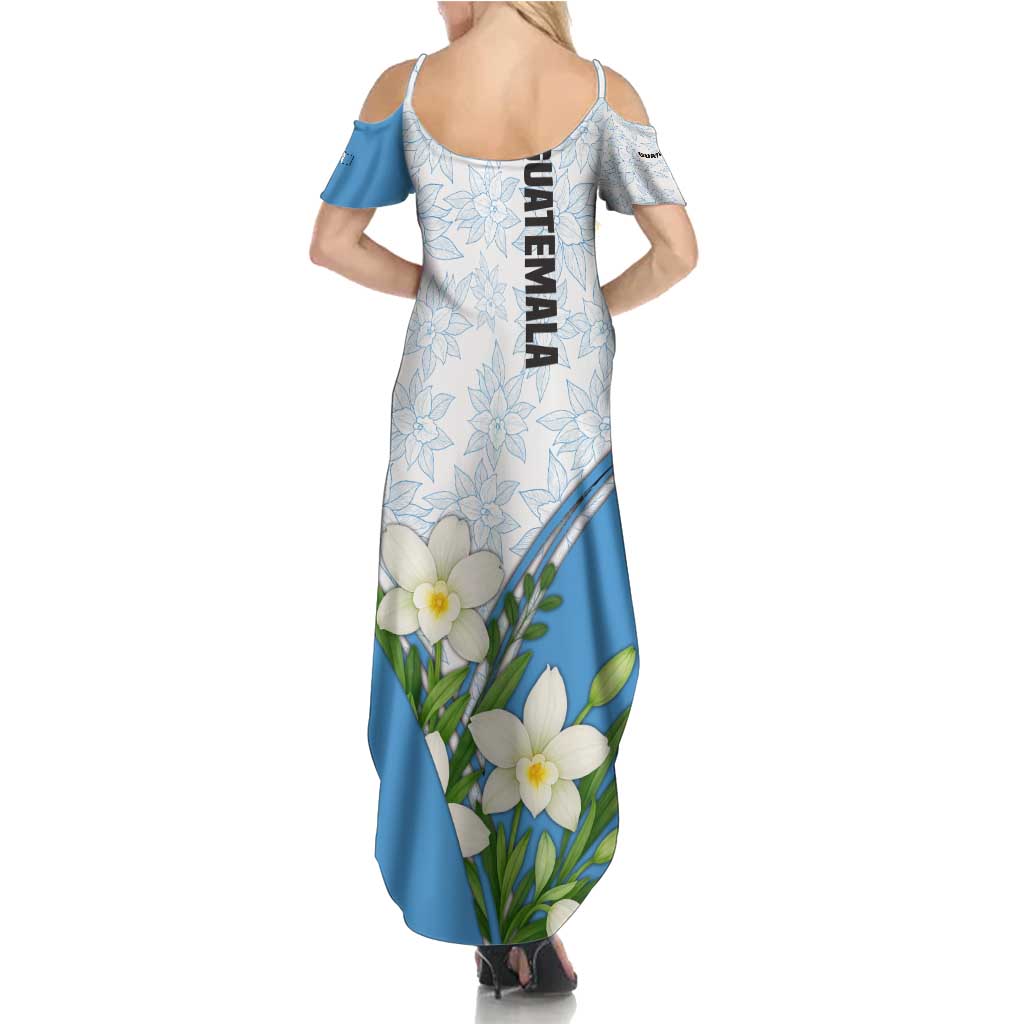Guatemala White Monja Blanca Flower Summer Maxi Dress with Blue Flag Theme and Floral Pattern Design - Wonder Print Shop