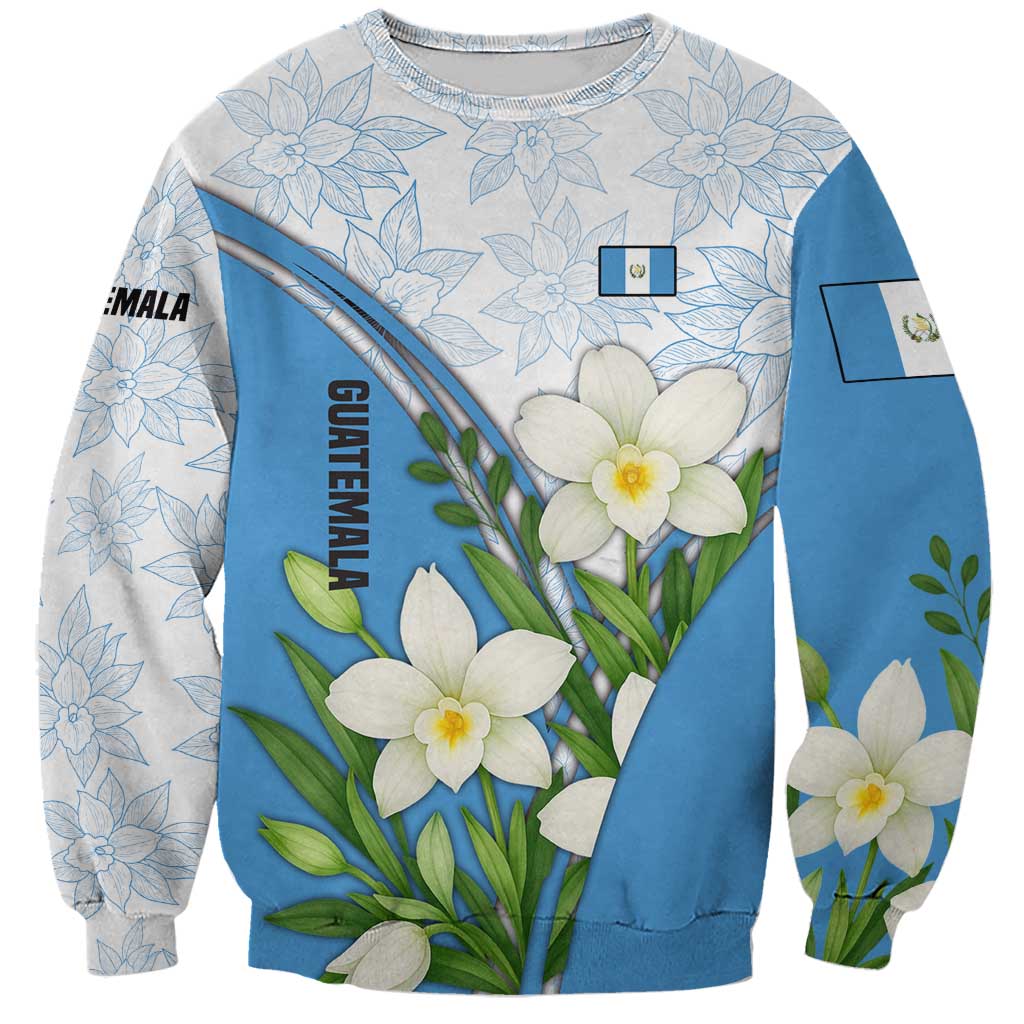 Guatemala White Monja Blanca Flower Sweatshirt with Blue Flag Theme and Floral Pattern Design - Wonder Print Shop