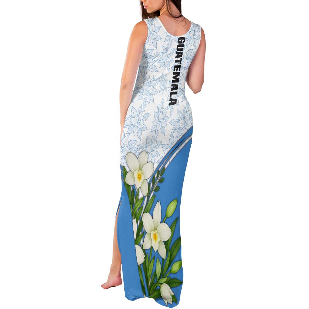 Guatemala White Monja Blanca Flower Tank Maxi Dress with Blue Flag Theme and Floral Pattern Design - Wonder Print Shop