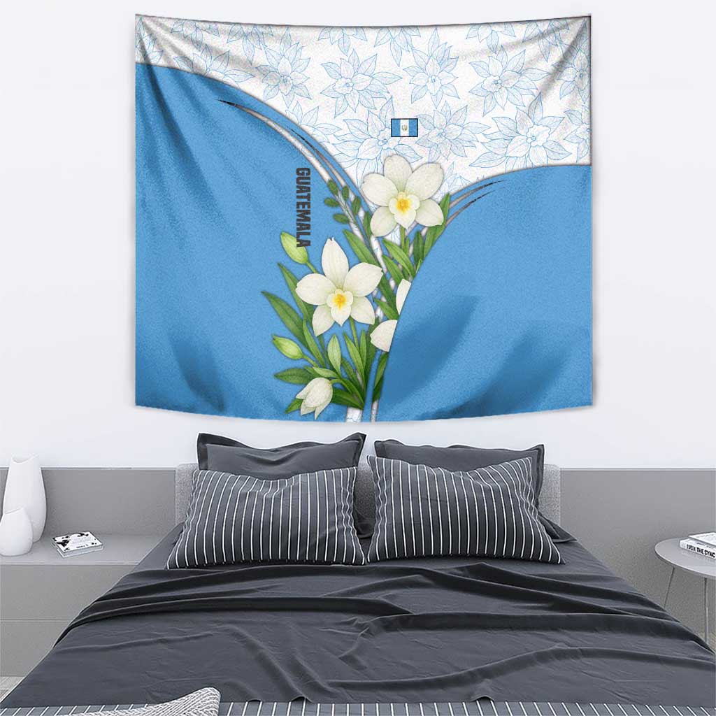Guatemala White Monja Blanca Flower Tapestry with Blue Flag Theme and Floral Pattern Design - Wonder Print Shop