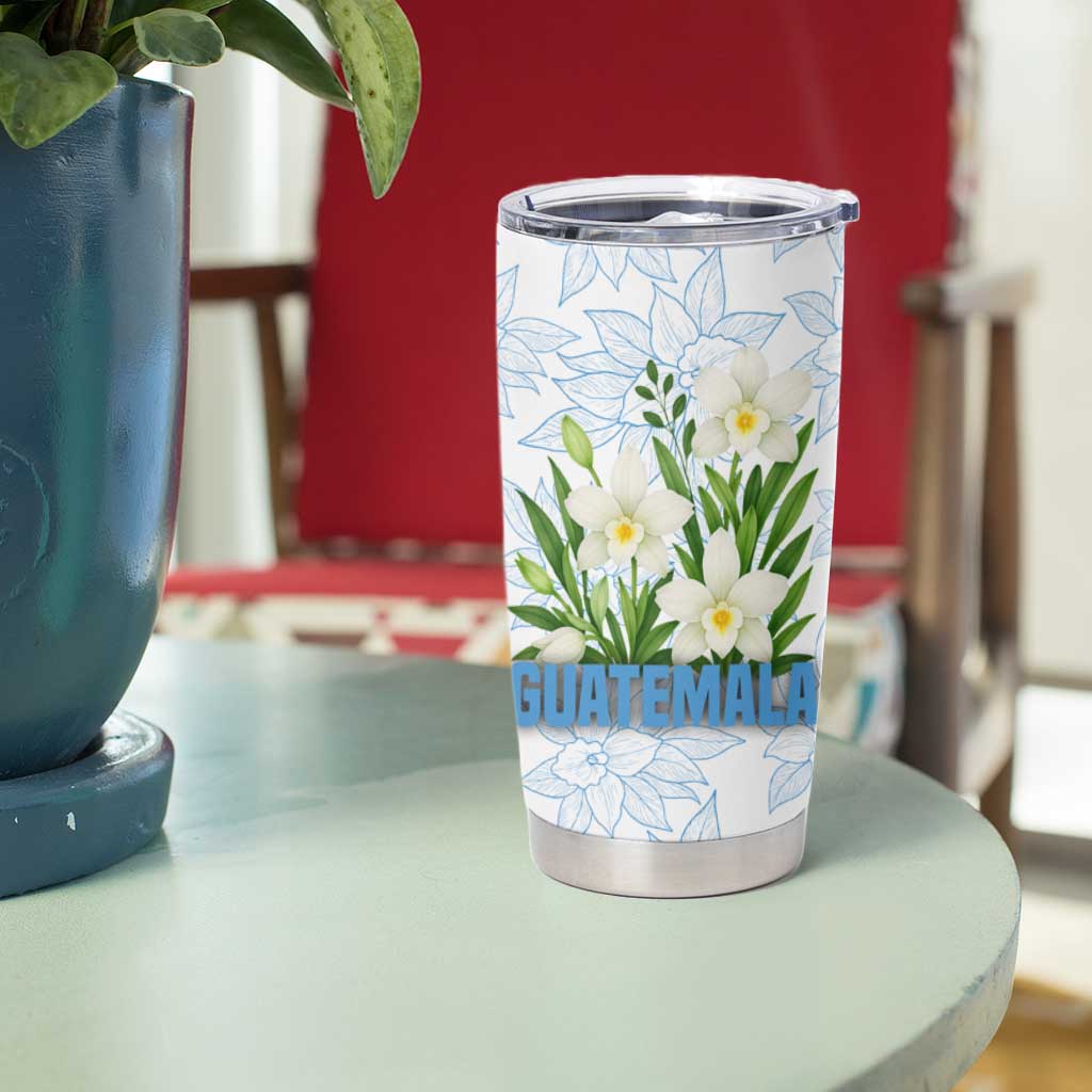 Guatemala White Monja Blanca Flower Tumbler Cup with Blue Flag Theme and Floral Pattern Design - Wonder Print Shop