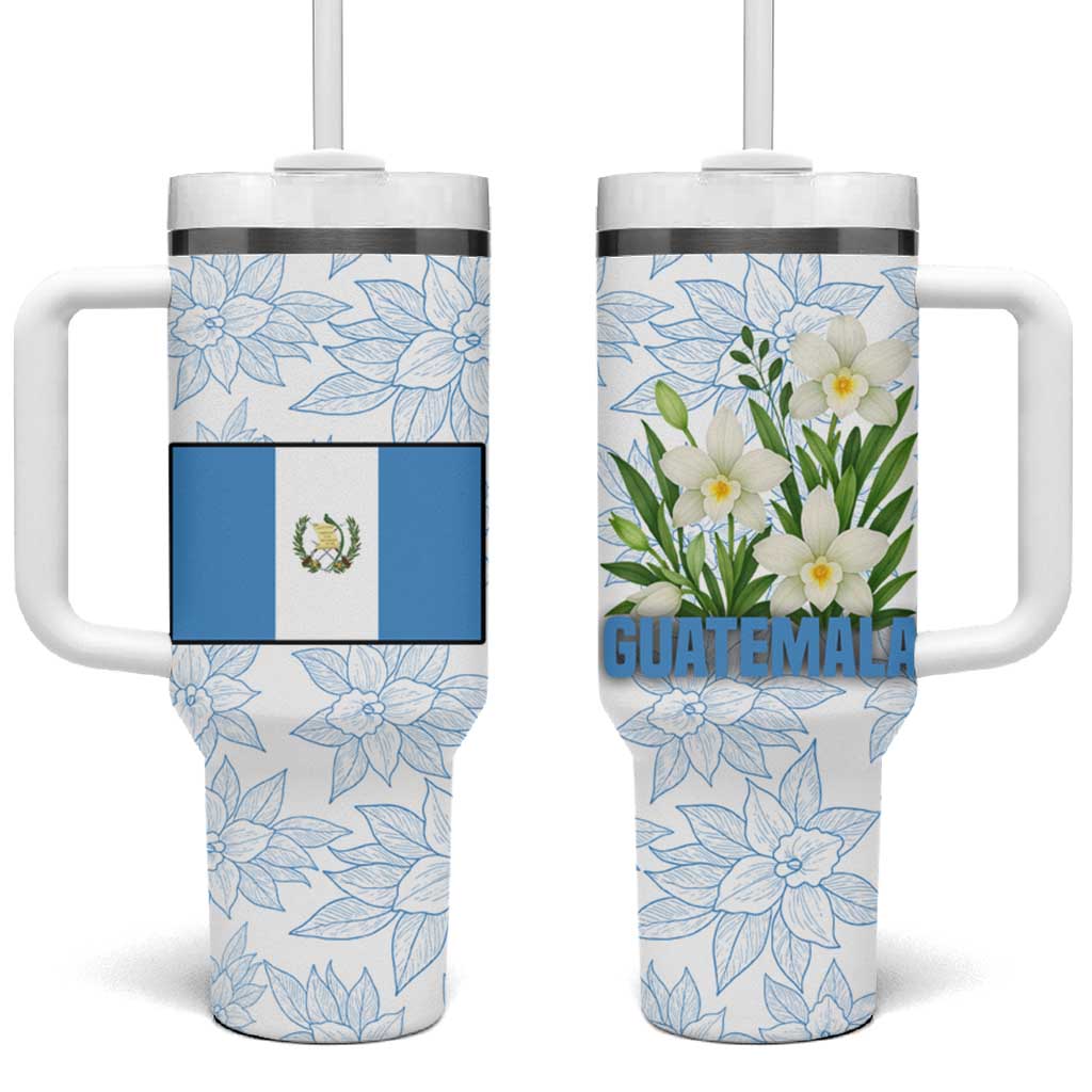 Guatemala White Monja Blanca Flower Tumbler With Handle with Blue Flag Theme and Floral Pattern Design - Wonder Print Shop