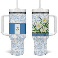 Guatemala White Monja Blanca Flower Tumbler With Handle with Blue Flag Theme and Floral Pattern Design - Wonder Print Shop