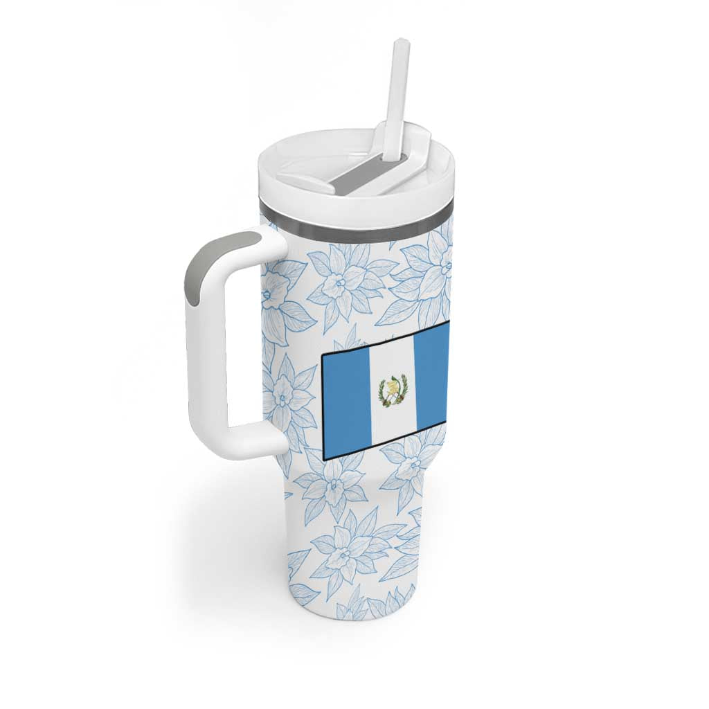 Guatemala White Monja Blanca Flower Tumbler With Handle with Blue Flag Theme and Floral Pattern Design - Wonder Print Shop