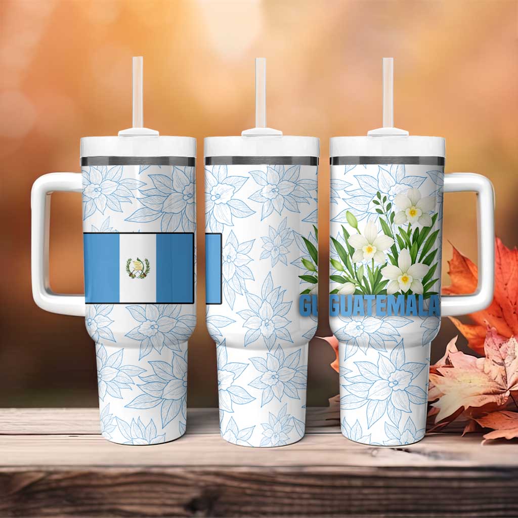 Guatemala White Monja Blanca Flower Tumbler With Handle with Blue Flag Theme and Floral Pattern Design - Wonder Print Shop