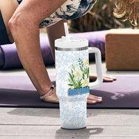 Guatemala White Monja Blanca Flower Tumbler With Handle with Blue Flag Theme and Floral Pattern Design - Wonder Print Shop