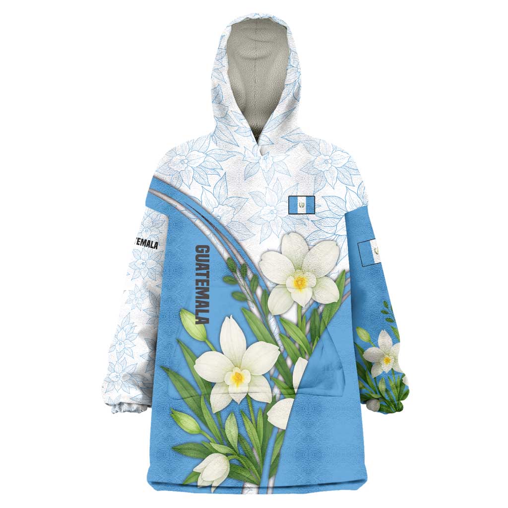 Guatemala White Monja Blanca Flower Wearable Blanket Hoodie with Blue Flag Theme and Floral Pattern Design - Wonder Print Shop