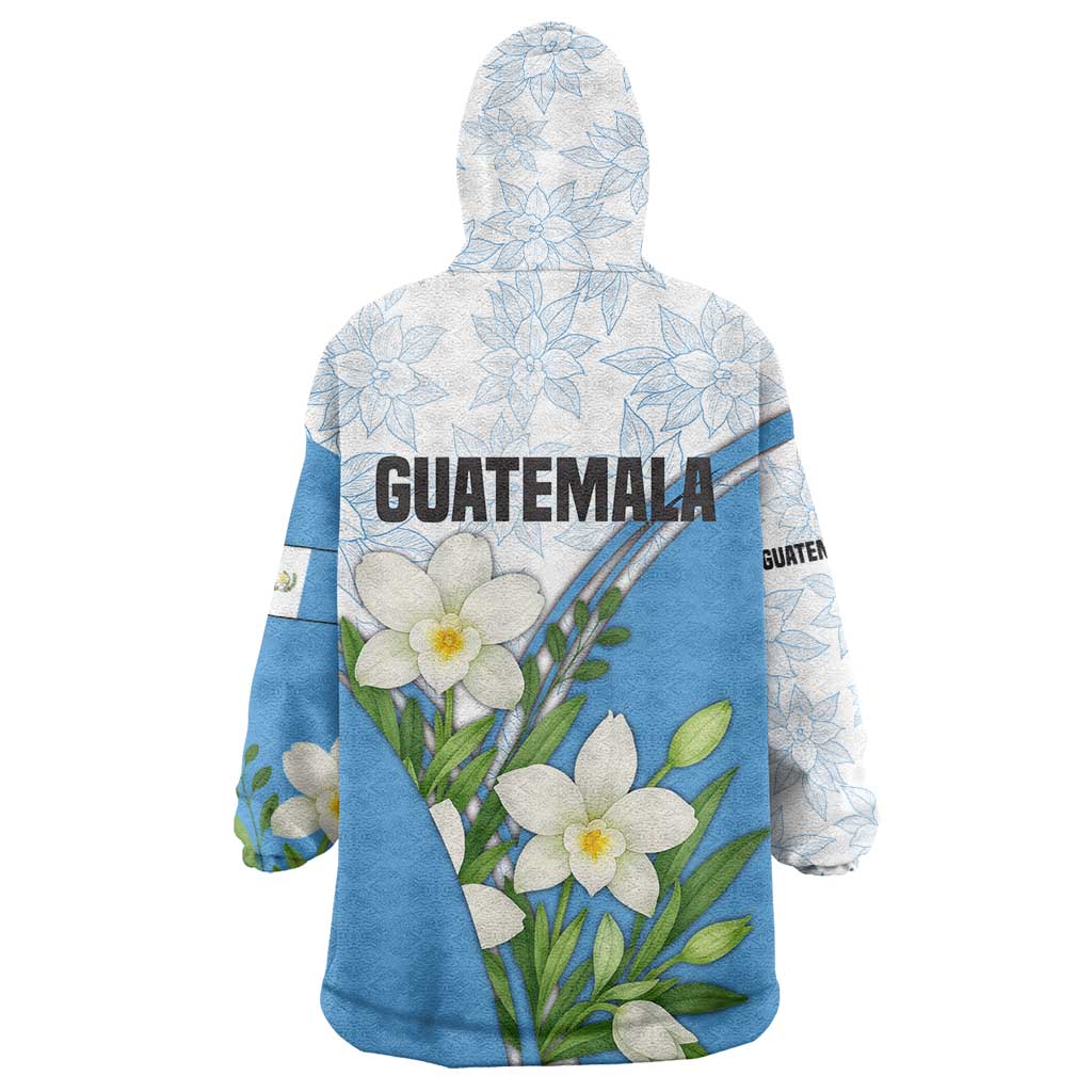 Guatemala White Monja Blanca Flower Wearable Blanket Hoodie with Blue Flag Theme and Floral Pattern Design - Wonder Print Shop