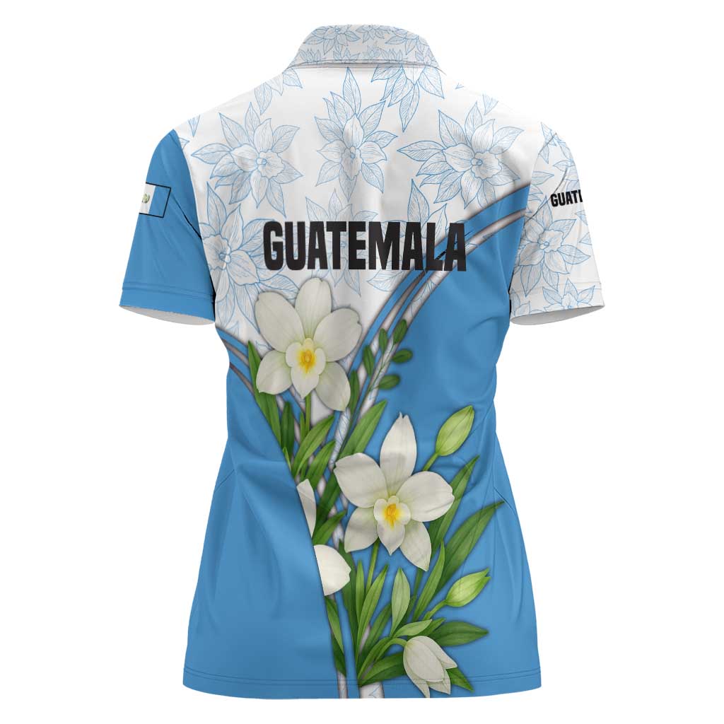 Guatemala White Monja Blanca Flower Women Polo Shirt with Blue Flag Theme and Floral Pattern Design - Wonder Print Shop