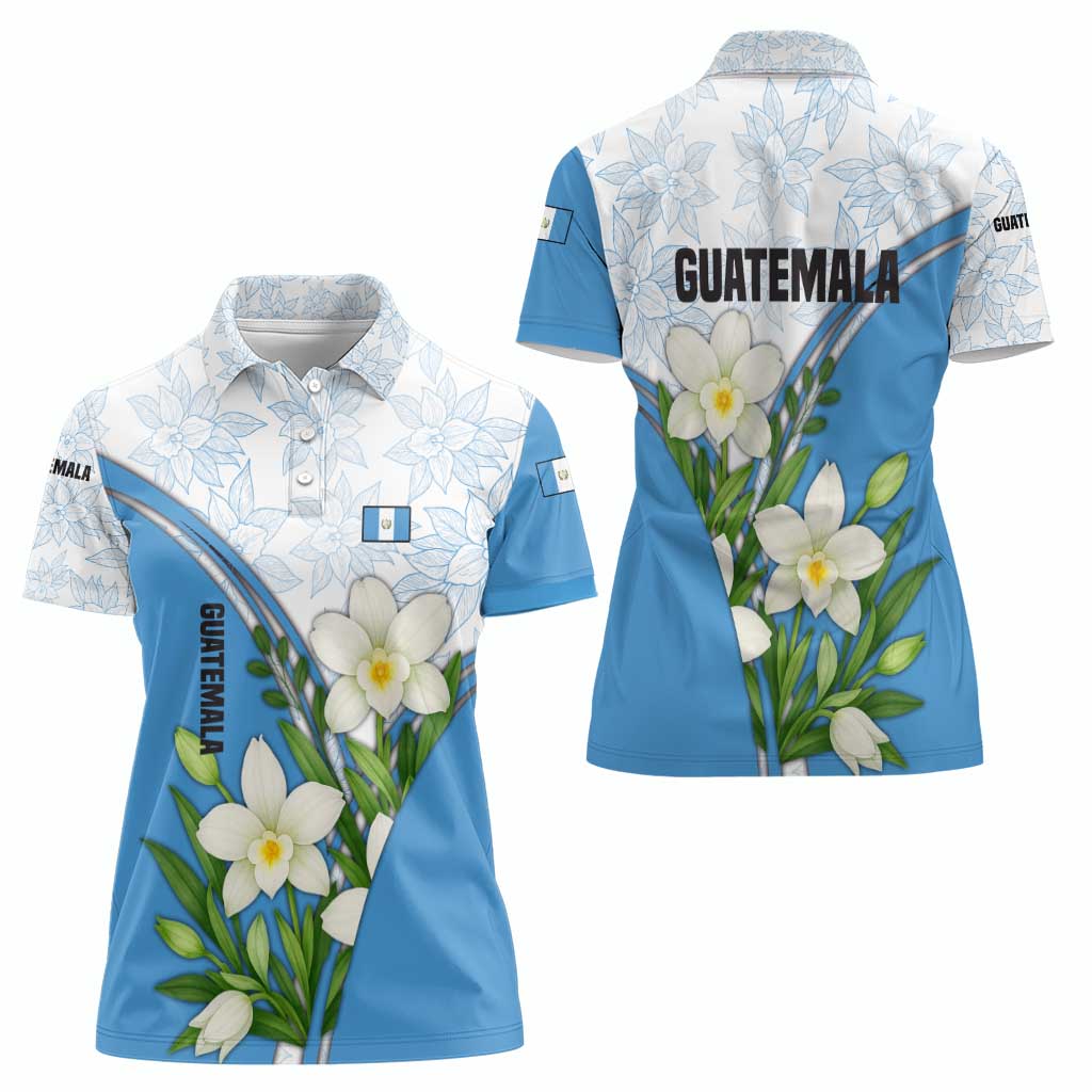 Guatemala White Monja Blanca Flower Women Polo Shirt with Blue Flag Theme and Floral Pattern Design - Wonder Print Shop