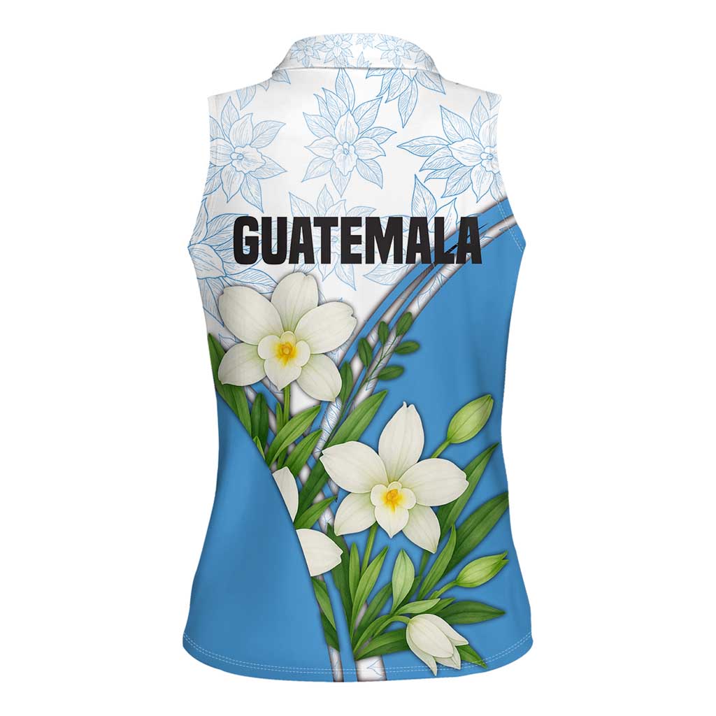 Guatemala White Monja Blanca Flower Women Sleeveless Polo Shirt with Blue Flag Theme and Floral Pattern Design - Wonder Print Shop