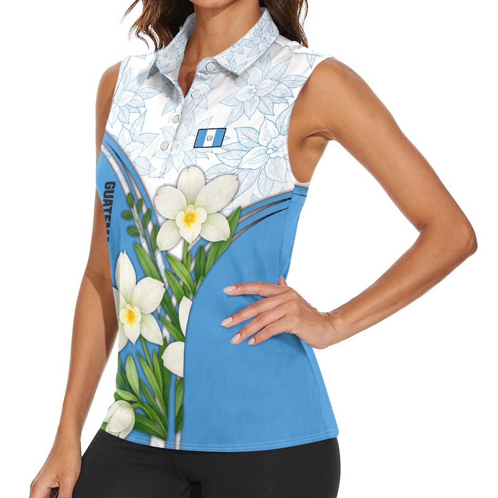 Guatemala White Monja Blanca Flower Women Sleeveless Polo Shirt with Blue Flag Theme and Floral Pattern Design - Wonder Print Shop