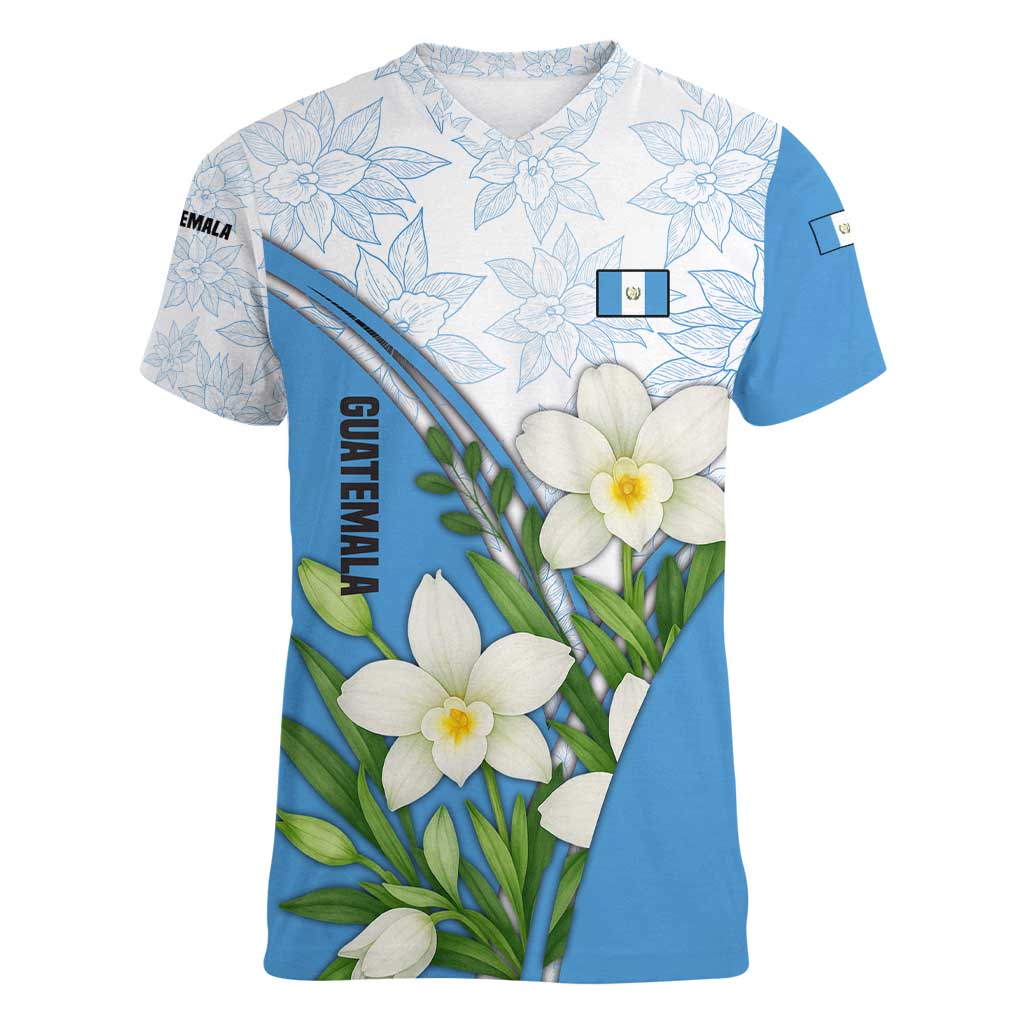 Guatemala White Monja Blanca Flower Women V-Neck T-Shirt with Blue Flag Theme and Floral Pattern Design - Wonder Print Shop