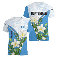 Guatemala White Monja Blanca Flower Women V-Neck T-Shirt with Blue Flag Theme and Floral Pattern Design - Wonder Print Shop