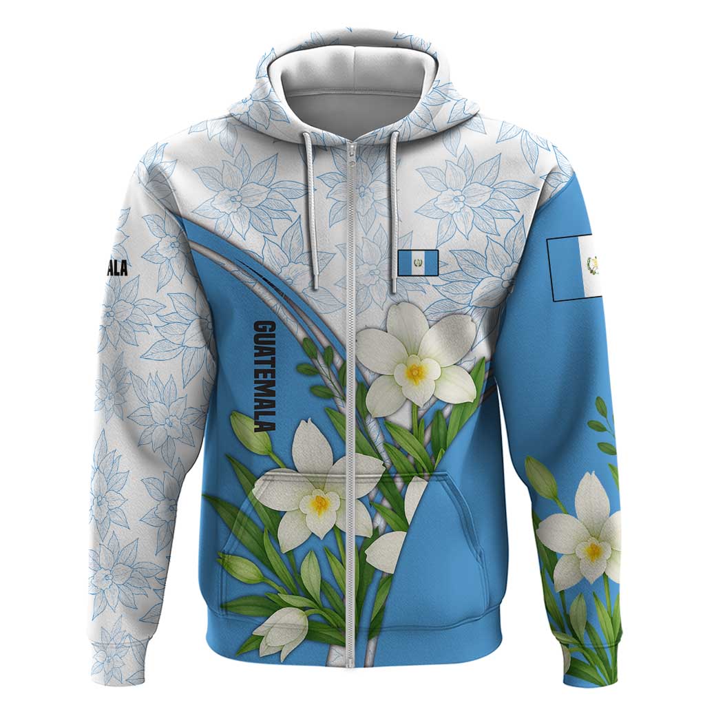 Guatemala White Monja Blanca Flower Zip Hoodie with Blue Flag Theme and Floral Pattern Design - Wonder Print Shop