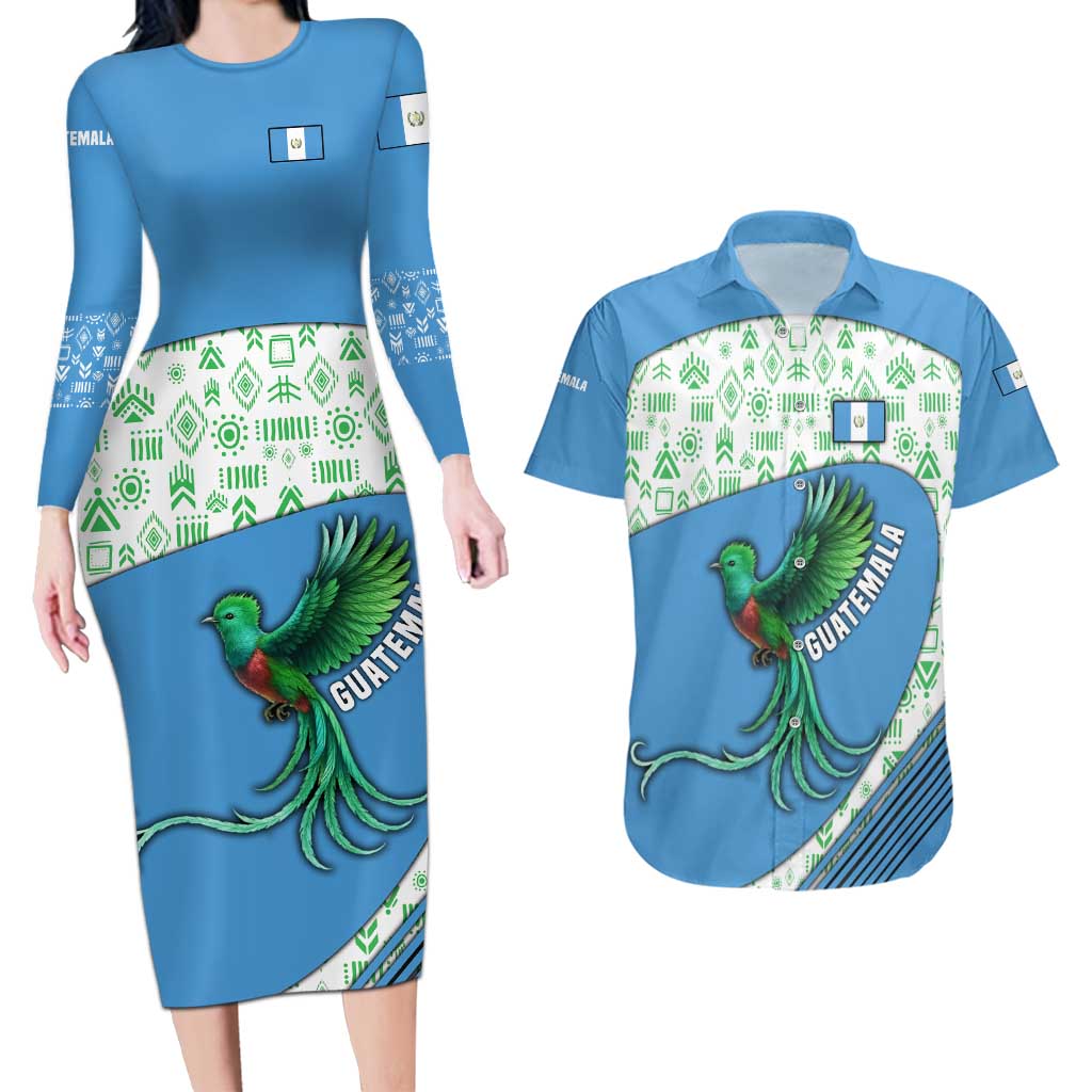 Guatemala Quetzal Bird Couples Matching Long Sleeve Bodycon Dress and Hawaiian Shirt with Tribal Motif and Libre Como El Quetzal Design - Wonder Print Shop