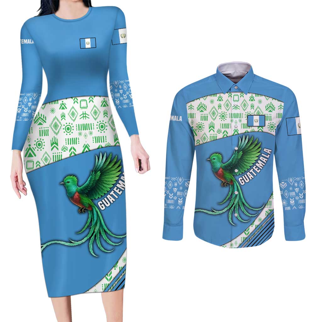 Guatemala Quetzal Bird Couples Matching Long Sleeve Bodycon Dress and Long Sleeve Button Shirt with Tribal Motif and Libre Como El Quetzal Design - Wonder Print Shop