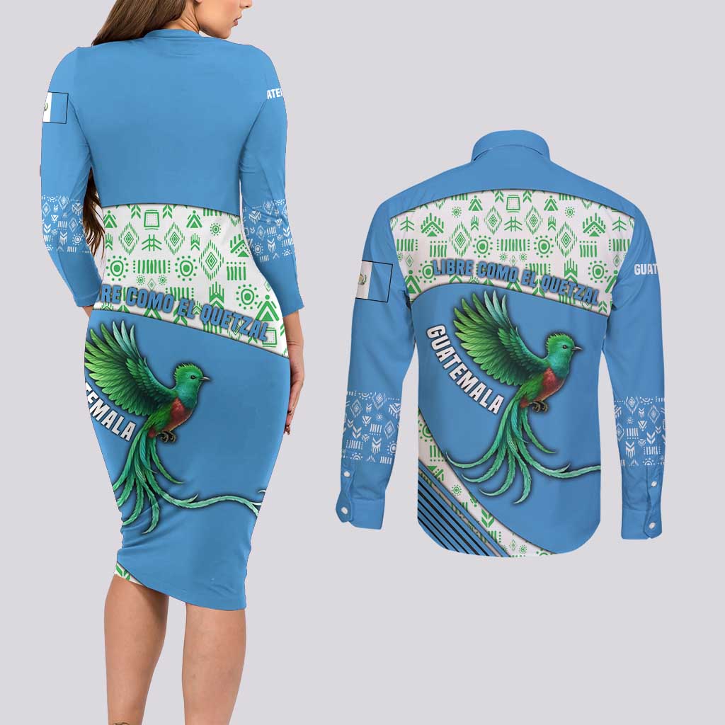 Guatemala Quetzal Bird Couples Matching Long Sleeve Bodycon Dress and Long Sleeve Button Shirt with Tribal Motif and Libre Como El Quetzal Design - Wonder Print Shop