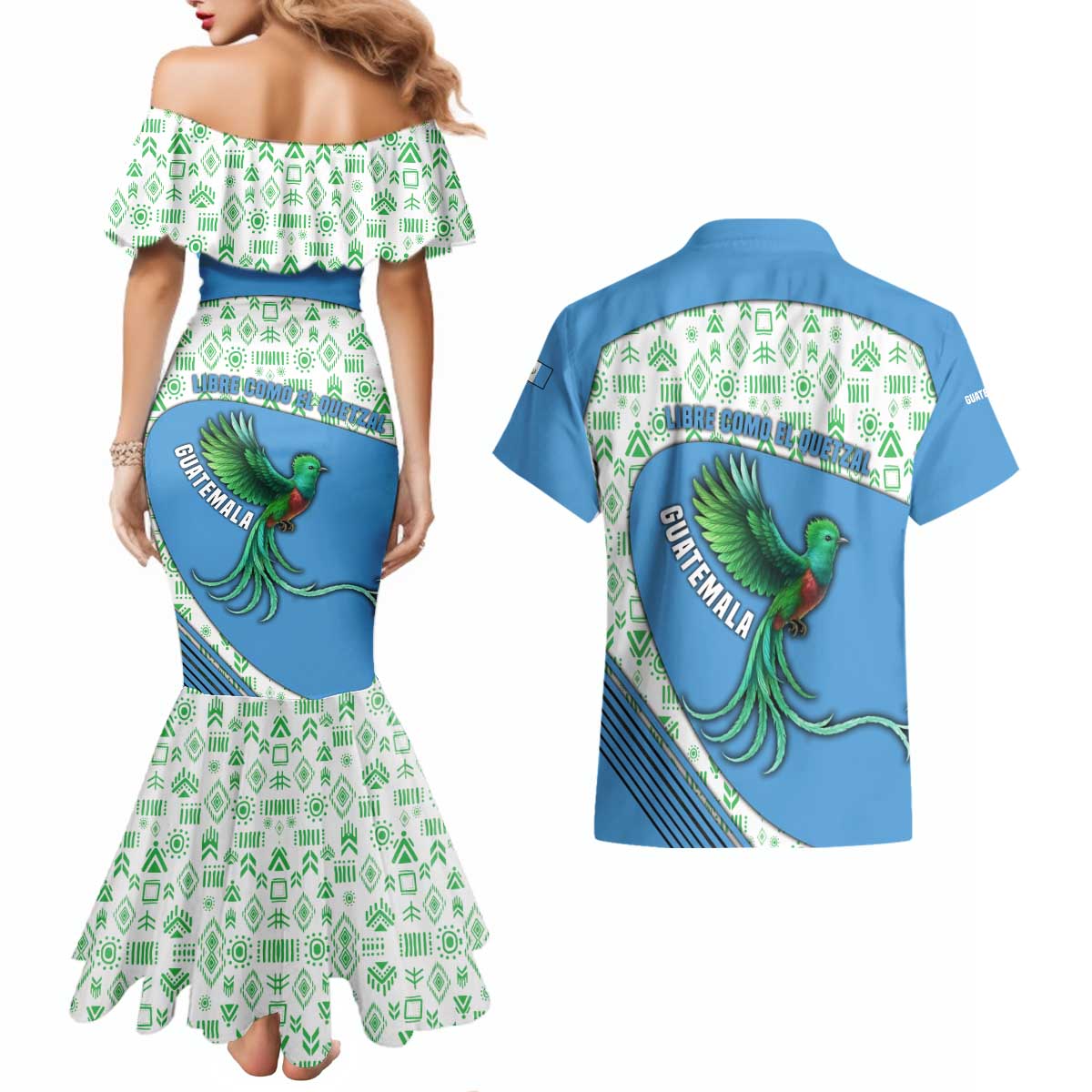 Guatemala Quetzal Bird Couples Matching Mermaid Dress and Hawaiian Shirt with Tribal Motif and Libre Como El Quetzal Design - Wonder Print Shop