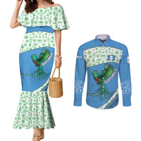 Guatemala Quetzal Bird Couples Matching Mermaid Dress and Long Sleeve Button Shirt with Tribal Motif and Libre Como El Quetzal Design - Wonder Print Shop