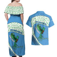 Guatemala Quetzal Bird Couples Matching Off Shoulder Maxi Dress and Hawaiian Shirt with Tribal Motif and Libre Como El Quetzal Design - Wonder Print Shop