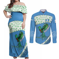 Guatemala Quetzal Bird Couples Matching Off Shoulder Maxi Dress and Long Sleeve Button Shirt with Tribal Motif and Libre Como El Quetzal Design - Wonder Print Shop