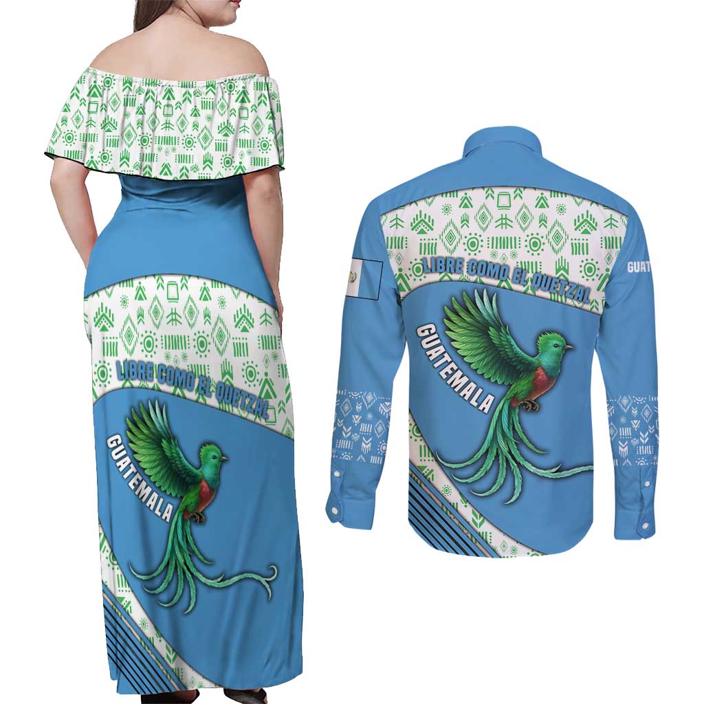 Guatemala Quetzal Bird Couples Matching Off Shoulder Maxi Dress and Long Sleeve Button Shirt with Tribal Motif and Libre Como El Quetzal Design - Wonder Print Shop