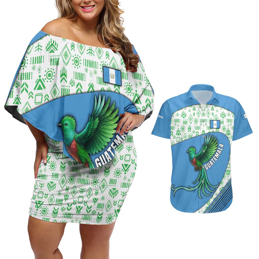 Guatemala Quetzal Bird Couples Matching Off Shoulder Short Dress and Hawaiian Shirt with Tribal Motif and Libre Como El Quetzal Design - Wonder Print Shop