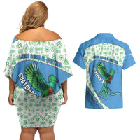Guatemala Quetzal Bird Couples Matching Off Shoulder Short Dress and Hawaiian Shirt with Tribal Motif and Libre Como El Quetzal Design - Wonder Print Shop