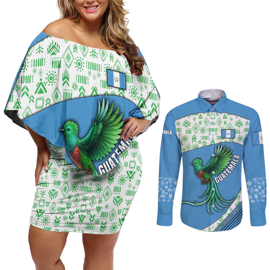 Guatemala Quetzal Bird Couples Matching Off Shoulder Short Dress and Long Sleeve Button Shirt with Tribal Motif and Libre Como El Quetzal Design - Wonder Print Shop