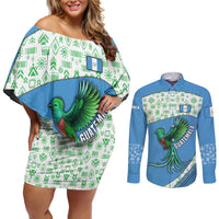 Guatemala Quetzal Bird Couples Matching Off Shoulder Short Dress and Long Sleeve Button Shirt with Tribal Motif and Libre Como El Quetzal Design - Wonder Print Shop