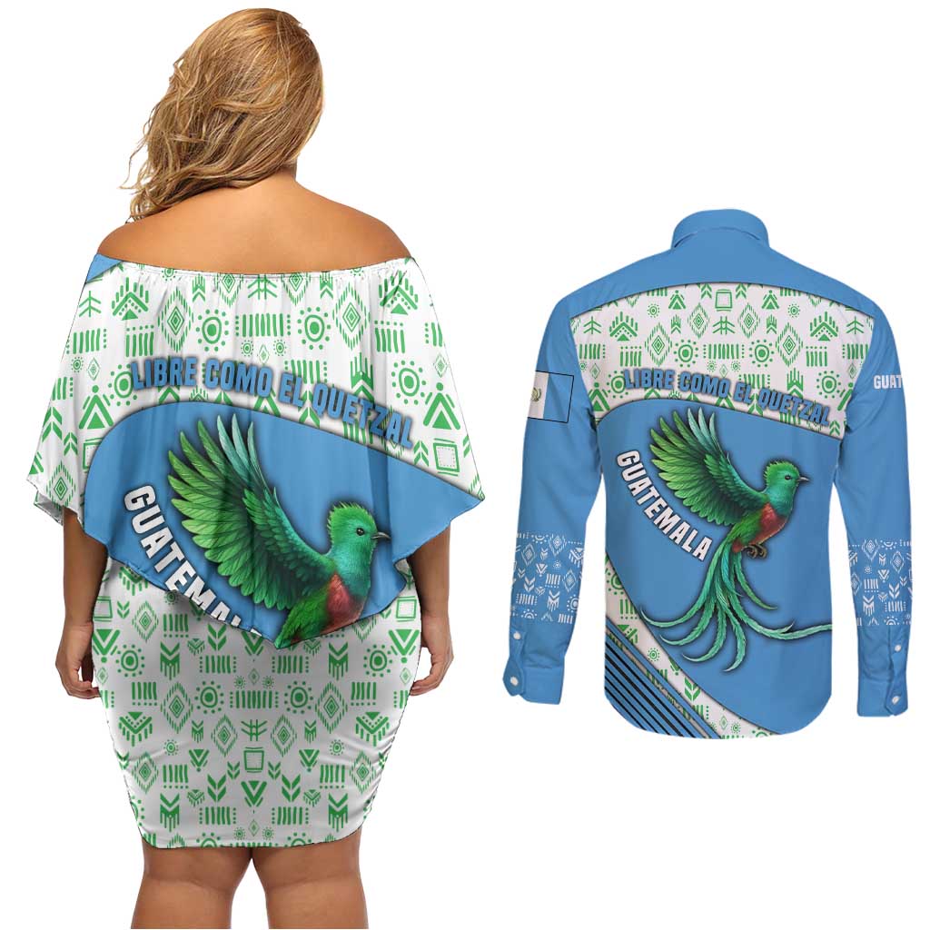 Guatemala Quetzal Bird Couples Matching Off Shoulder Short Dress and Long Sleeve Button Shirt with Tribal Motif and Libre Como El Quetzal Design - Wonder Print Shop