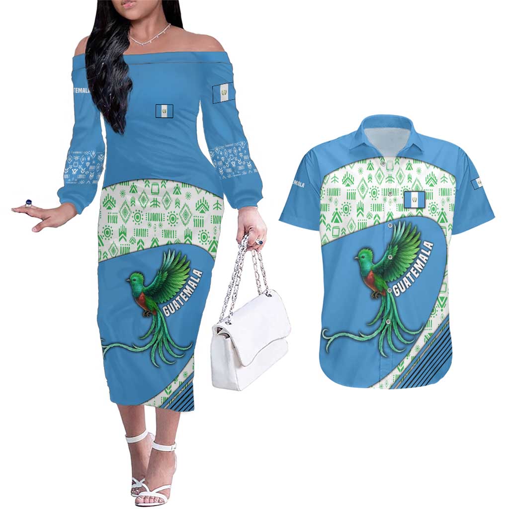 Guatemala Quetzal Bird Couples Matching Off The Shoulder Long Sleeve Dress and Hawaiian Shirt with Tribal Motif and Libre Como El Quetzal Design - Wonder Print Shop