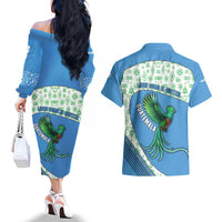 Guatemala Quetzal Bird Couples Matching Off The Shoulder Long Sleeve Dress and Hawaiian Shirt with Tribal Motif and Libre Como El Quetzal Design - Wonder Print Shop