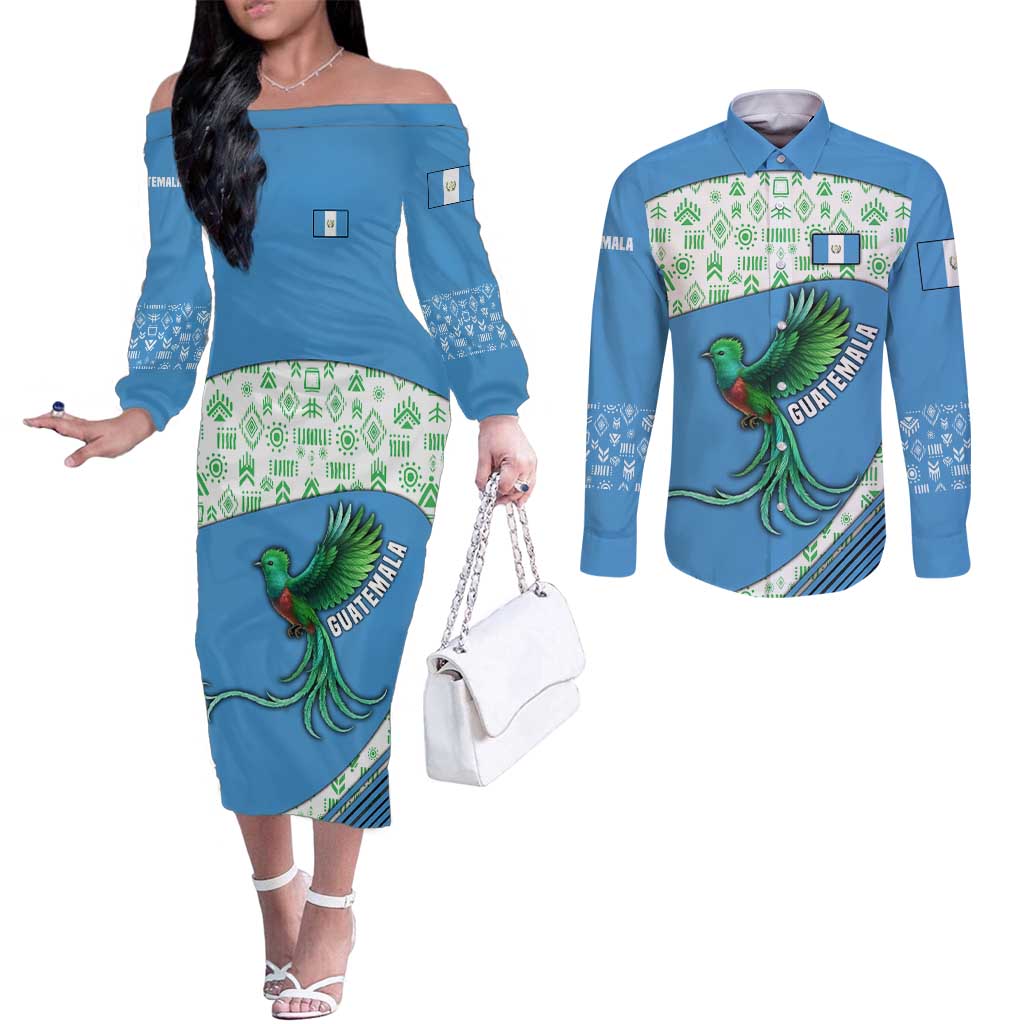 Guatemala Quetzal Bird Couples Matching Off The Shoulder Long Sleeve Dress and Long Sleeve Button Shirt with Tribal Motif and Libre Como El Quetzal Design - Wonder Print Shop