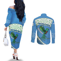 Guatemala Quetzal Bird Couples Matching Off The Shoulder Long Sleeve Dress and Long Sleeve Button Shirt with Tribal Motif and Libre Como El Quetzal Design - Wonder Print Shop